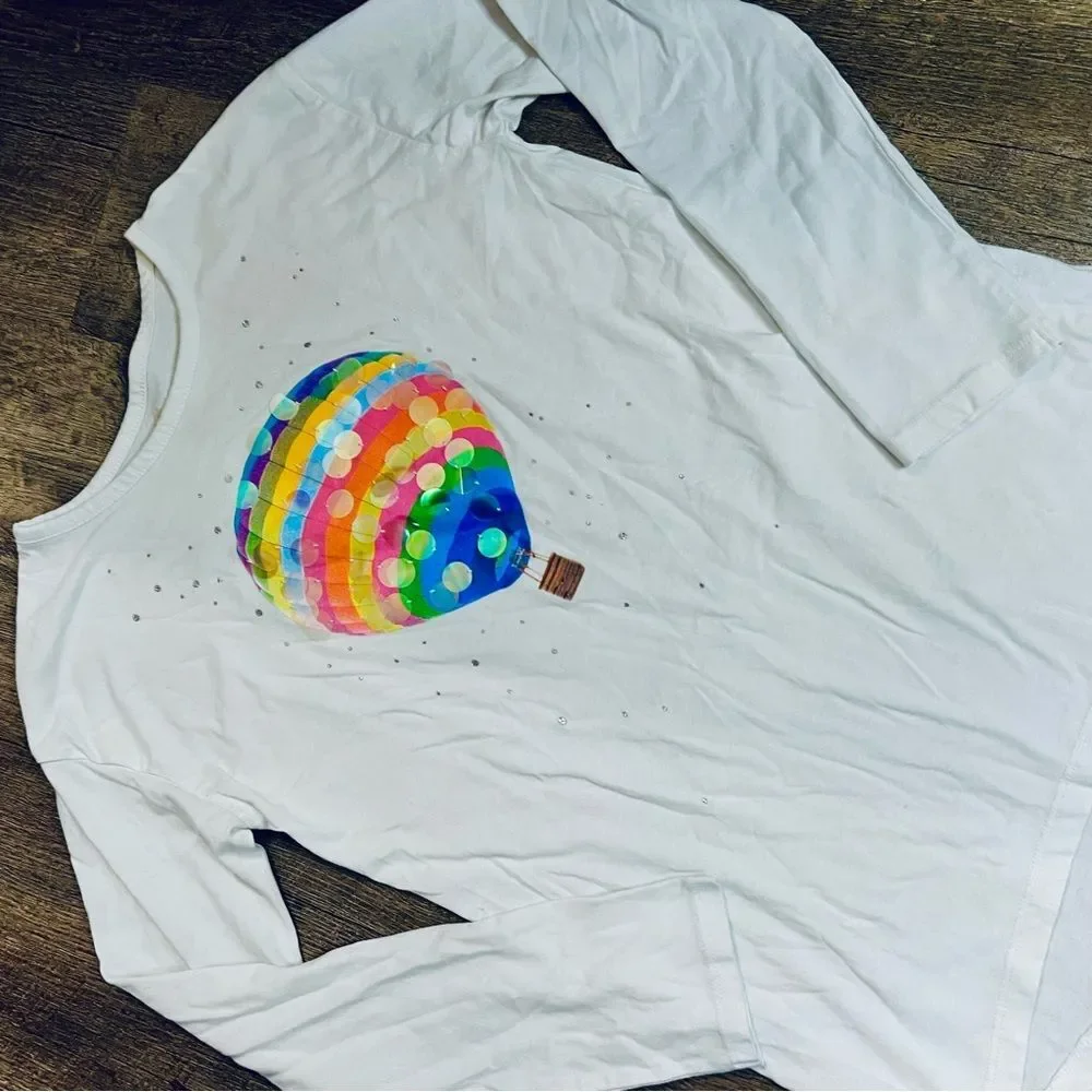 1989 Place Girls 14/16 Rainbow Hot Air Balloon Graphic Tee Long Sleeve Studded